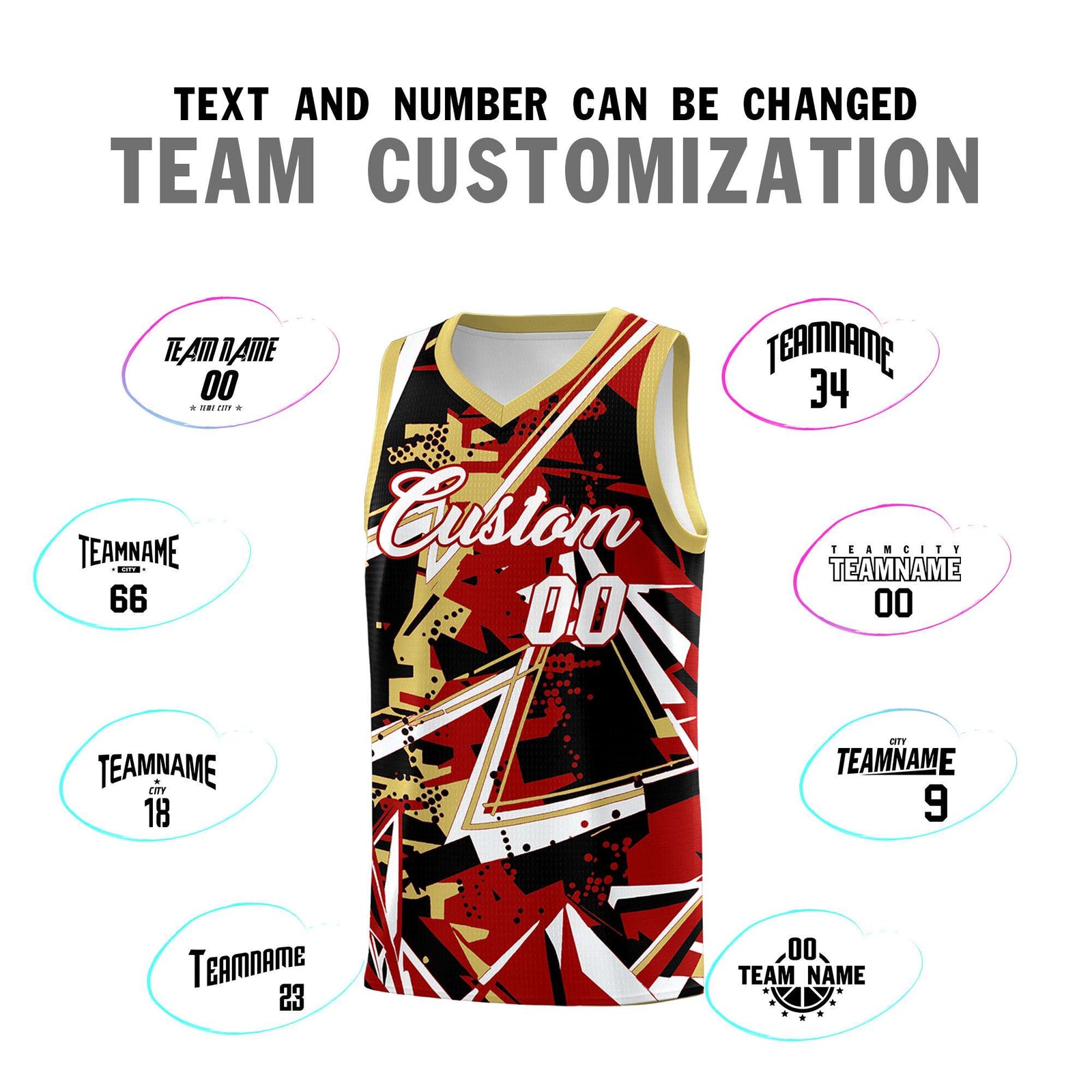 Custom Youth Basketball Jerseys Red Old Gold Abstract Graffiti Personalized Team Name & Number