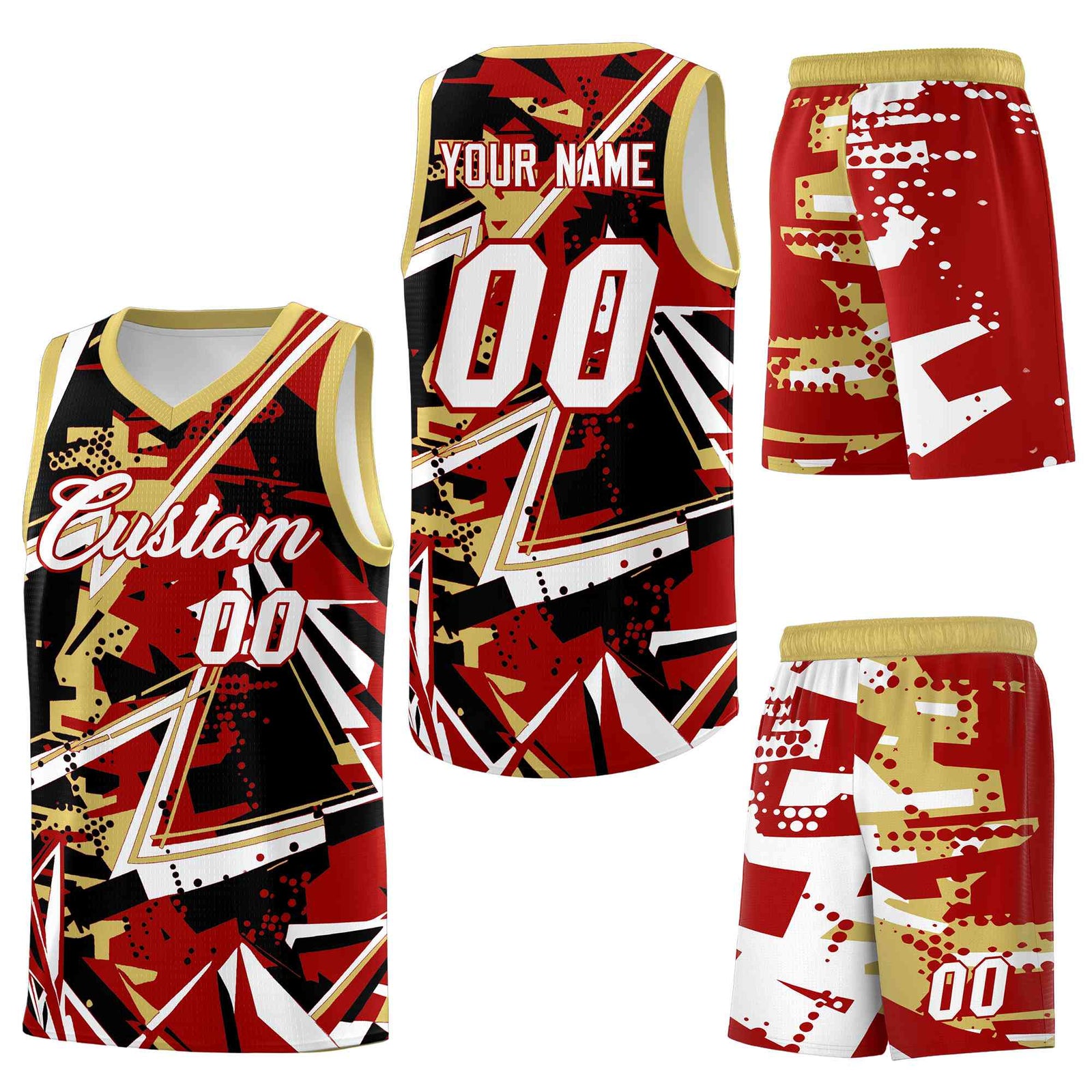 Custom Youth Basketball Jerseys Red Old Gold Abstract Graffiti Personalized Team Name & Number