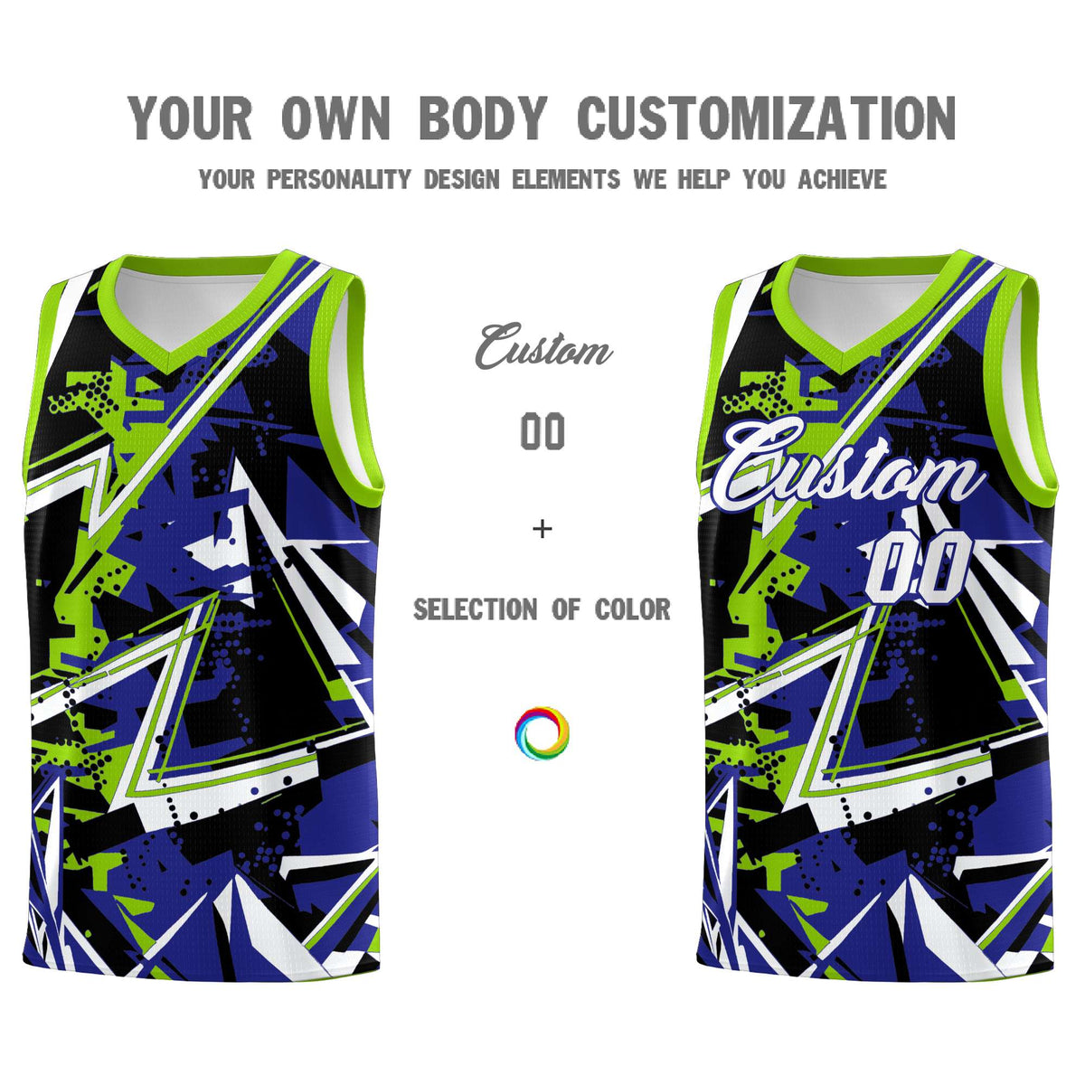 Custom Youth Basketball Jerseys Royal Neon Green Abstract Graffiti Urban Style Personalized Uniform