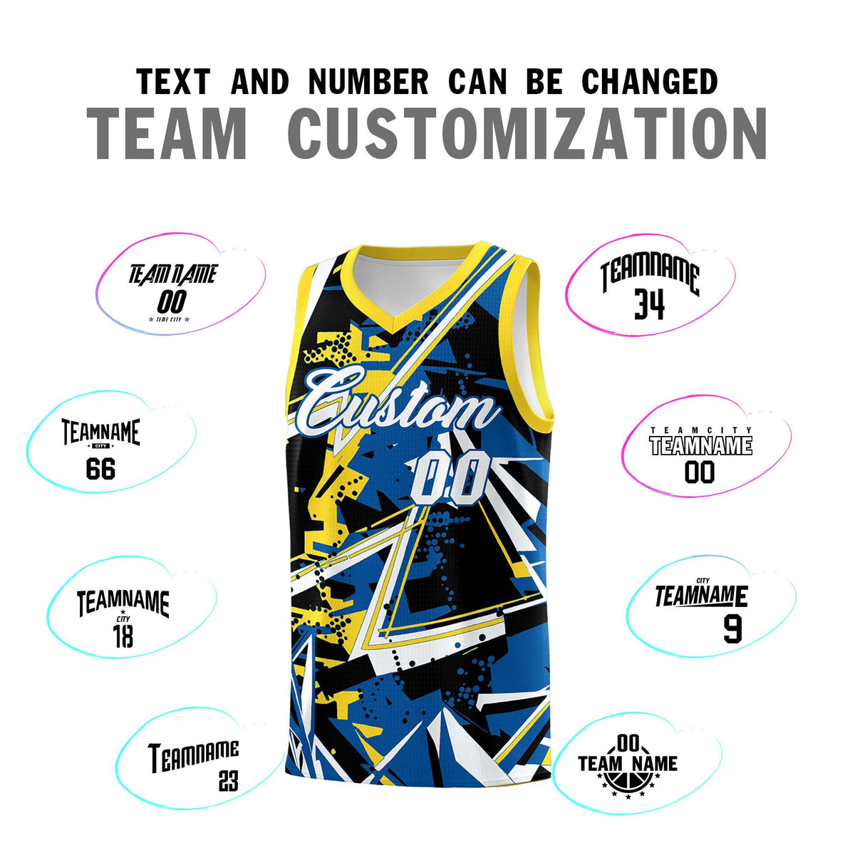 Custom Youth Basketball Jerseys Royal Gold Abstract Graffiti Personalized Team Name & Number