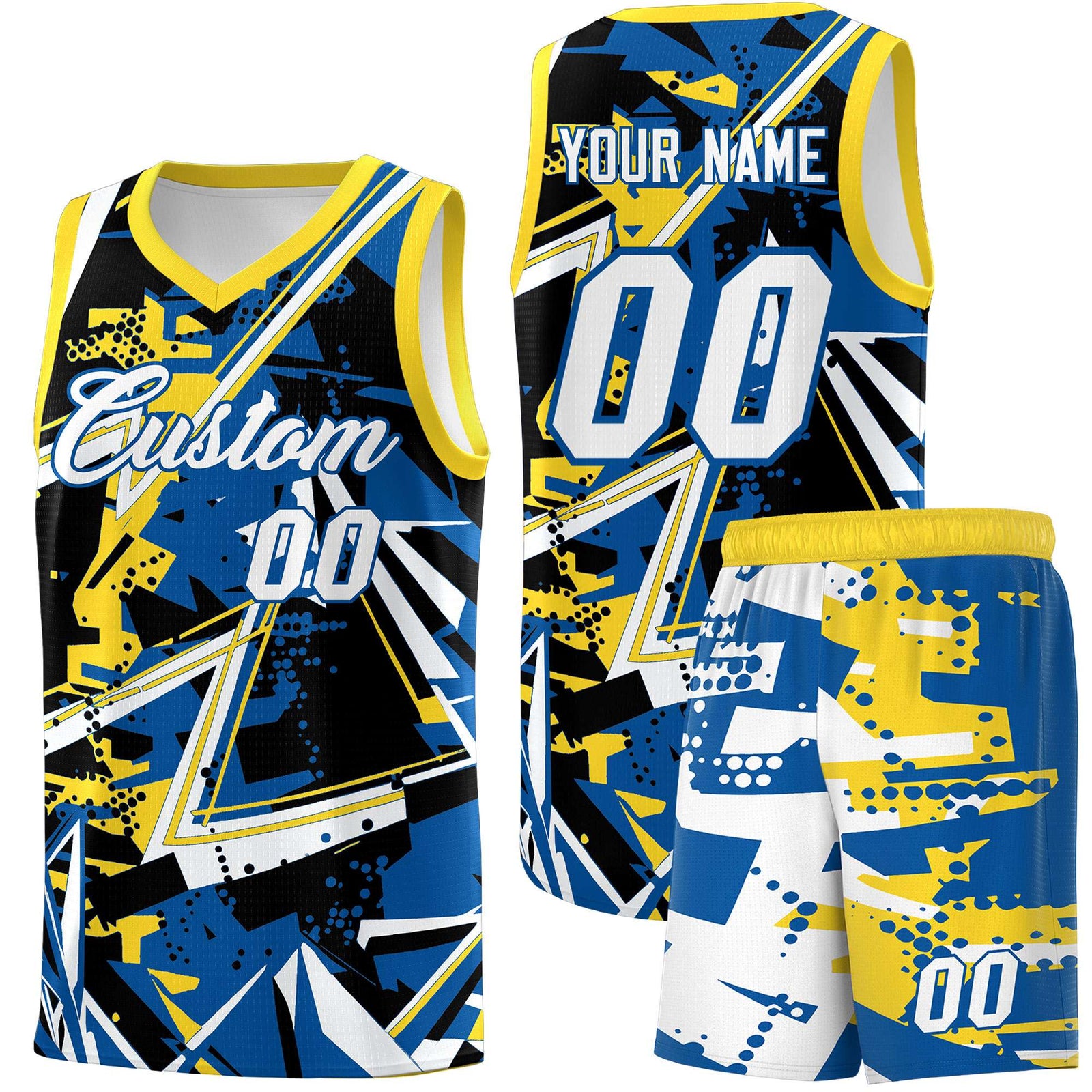 Custom Youth Basketball Jerseys Royal Gold Abstract Graffiti Personalized Team Name & Number