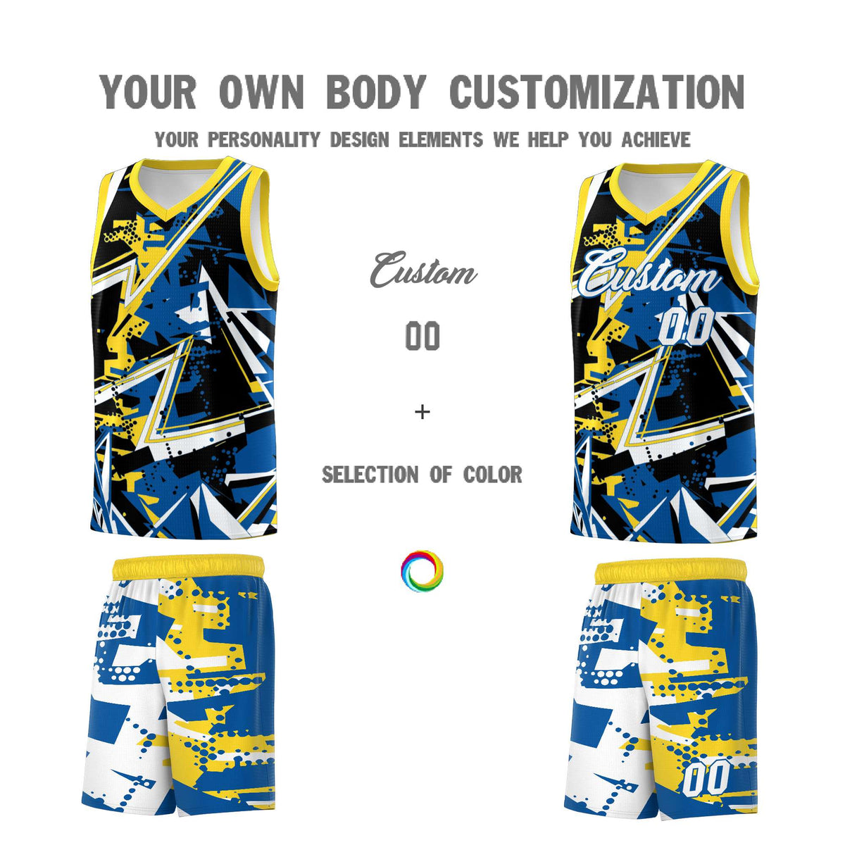 Custom Youth Basketball Jerseys Royal Gold Abstract Graffiti Personalized Team Name & Number