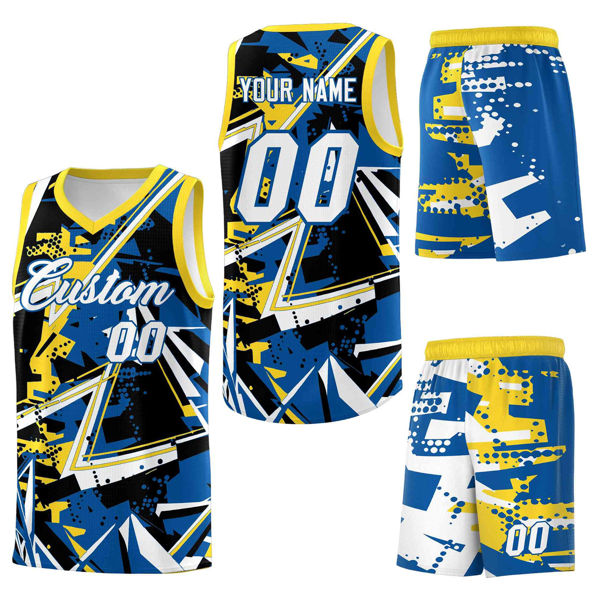 Custom Youth Basketball Jerseys Royal Gold Abstract Graffiti Personalized Team Name & Number