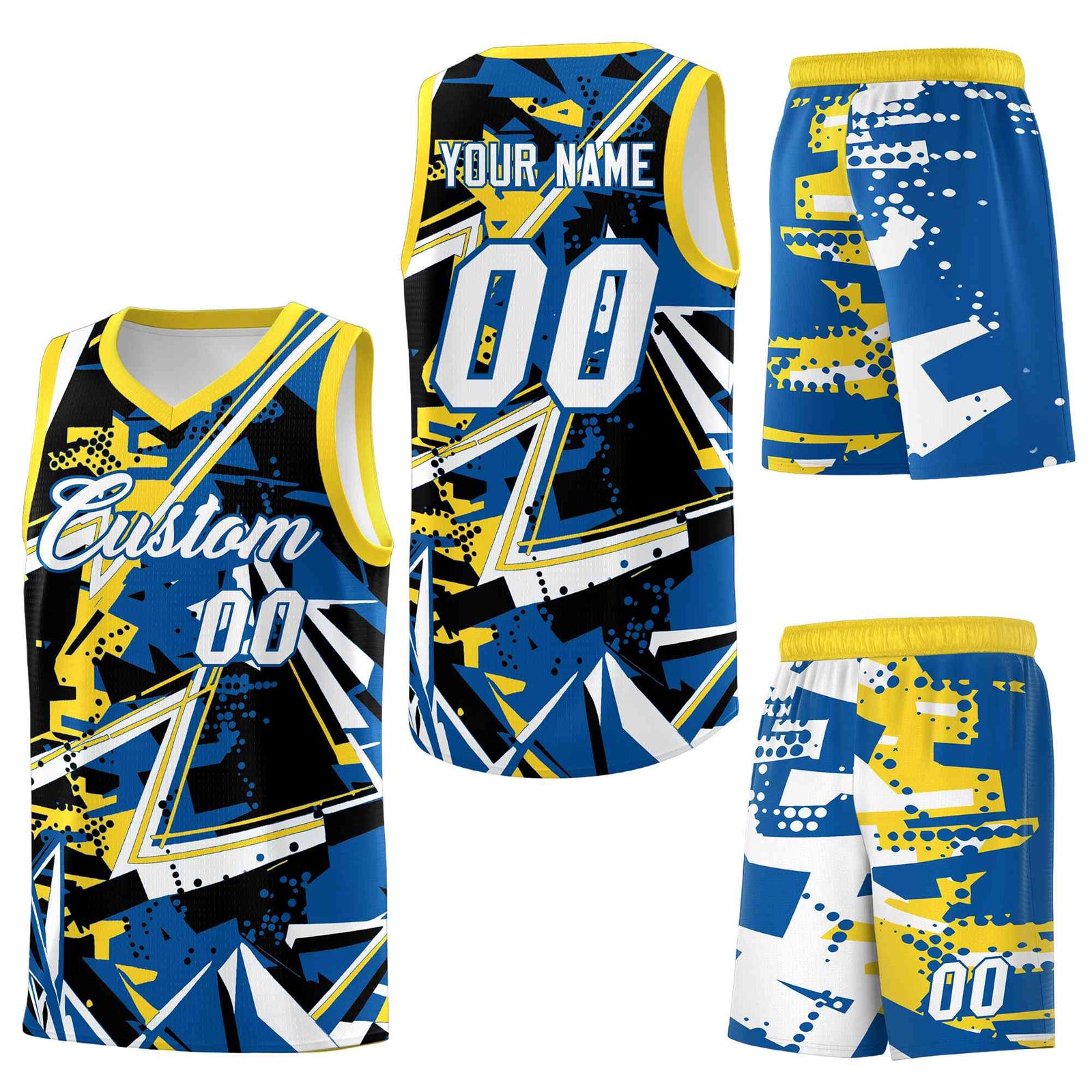 Custom Youth Basketball Jerseys Royal Gold Abstract Graffiti Personalized Team Name & Number