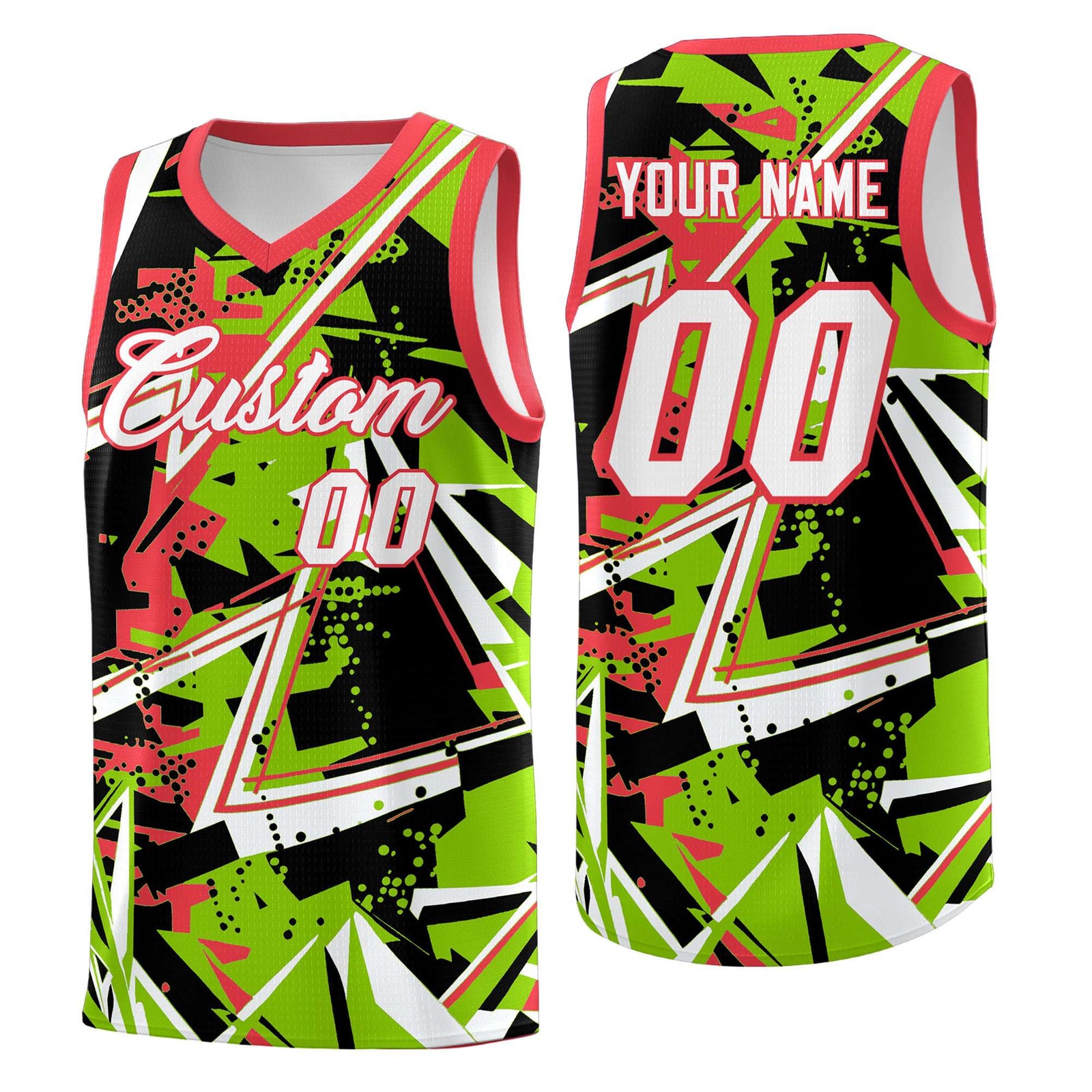 Custom Youth Basketball Jerseys Neon Green Light Red Abstract Graffiti Personalized Street Style Uniform