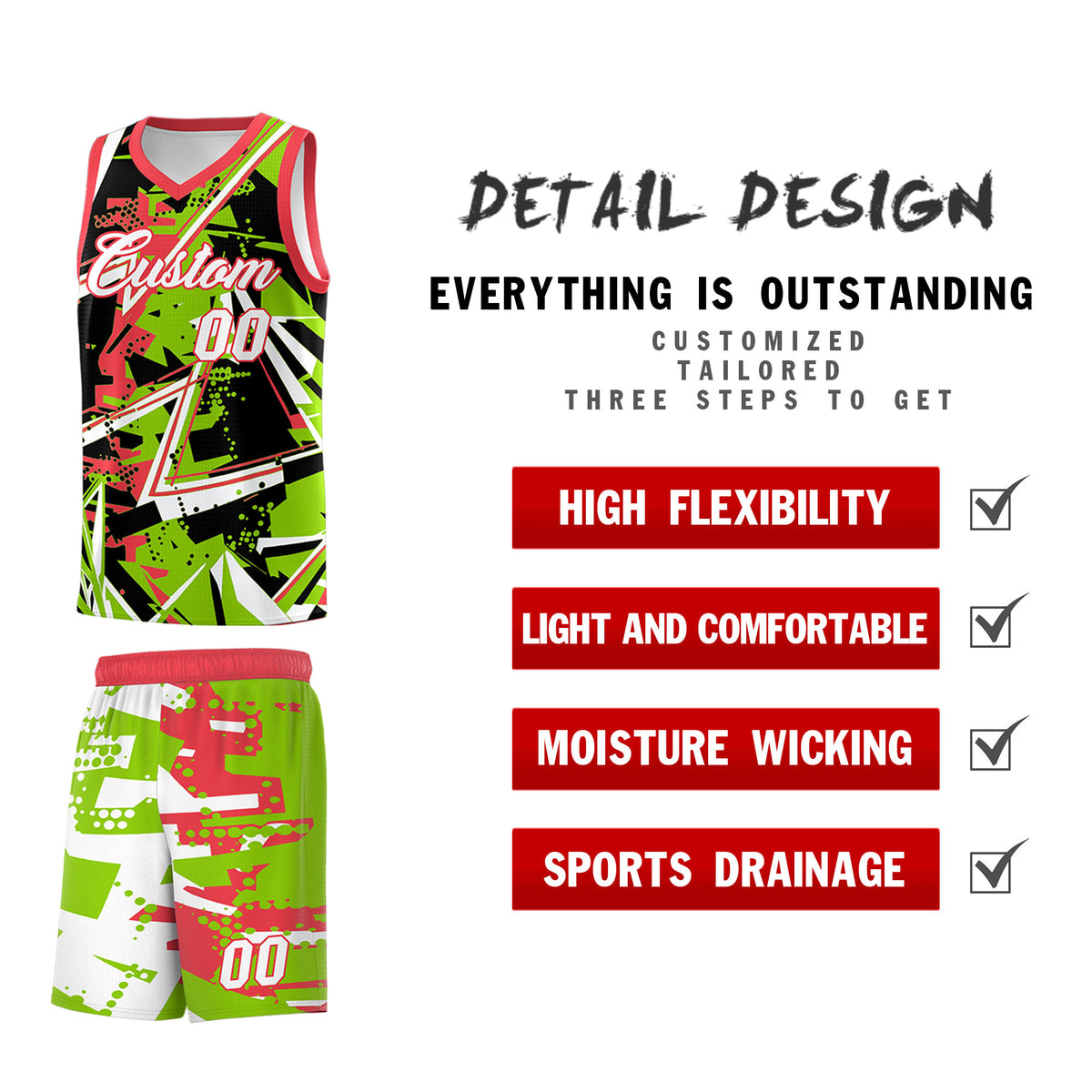 Custom Youth Basketball Jerseys Neon Green Light Red Abstract Graffiti Personalized Street Style Uniform
