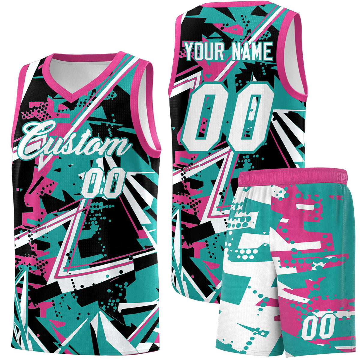 Custom Youth Basketball Jerseys Aqua Rose Red Abstract Graffiti Urban Style Personalized Uniform