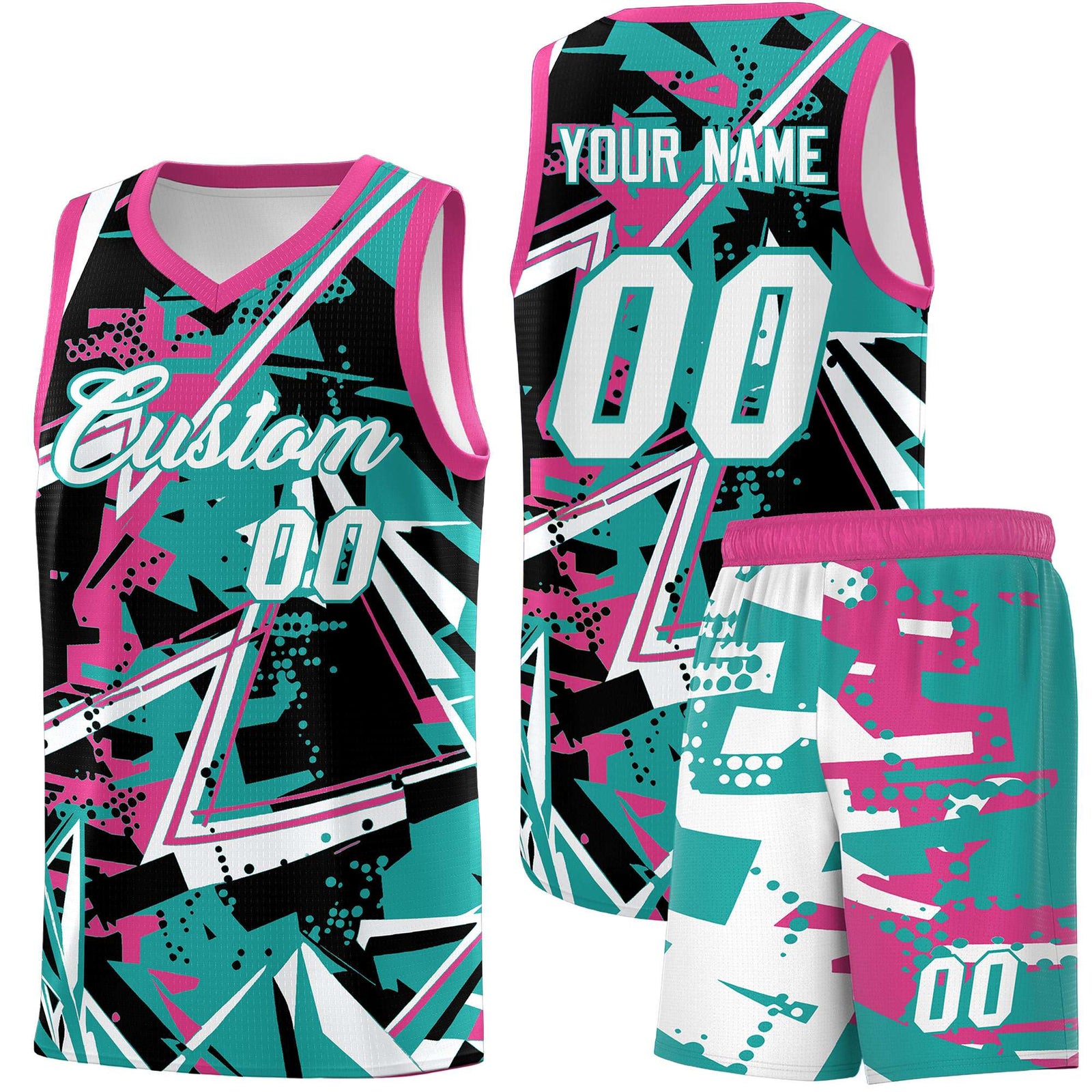 Custom Youth Basketball Jerseys Aqua Rose Red Abstract Graffiti Urban Style Personalized Uniform