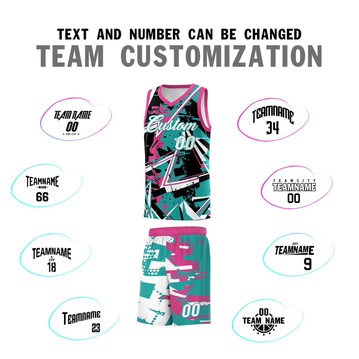 Custom Youth Basketball Jerseys Aqua Rose Red Abstract Graffiti Urban Style Personalized Uniform