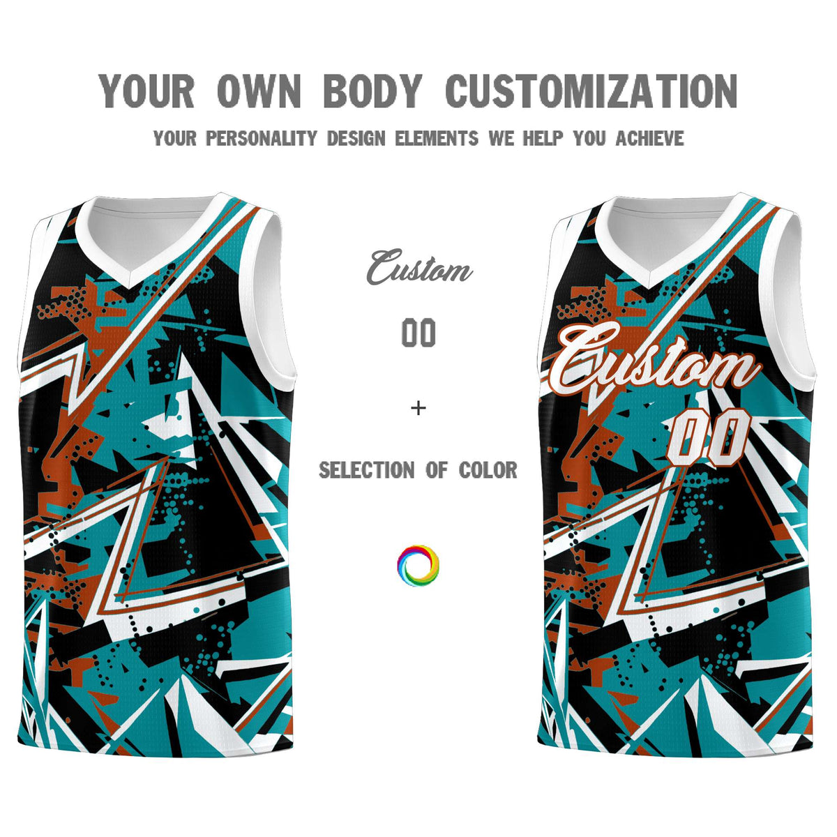 Custom Youth Basketball Jerseys Teal Dark Orange Abstract Graffiti Personalized Street Style Uniform