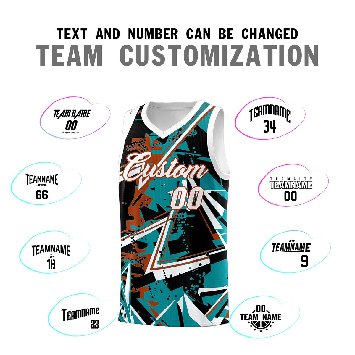 Custom Youth Basketball Jerseys Teal Dark Orange Abstract Graffiti Personalized Street Style Uniform