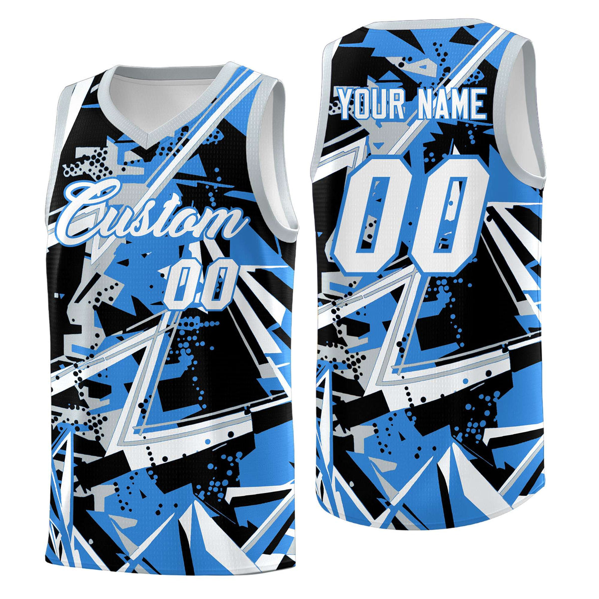 Custom Youth Basketball Jerseys Light Blue Silver Abstract Graffiti Personalized Team Name & Number