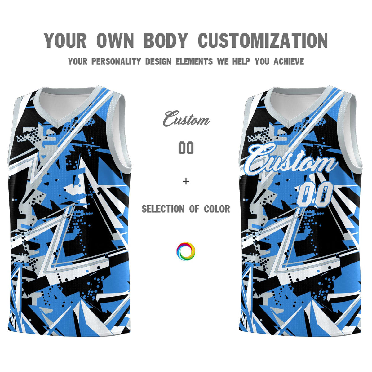 Custom Youth Basketball Jerseys Light Blue Silver Abstract Graffiti Personalized Team Name & Number