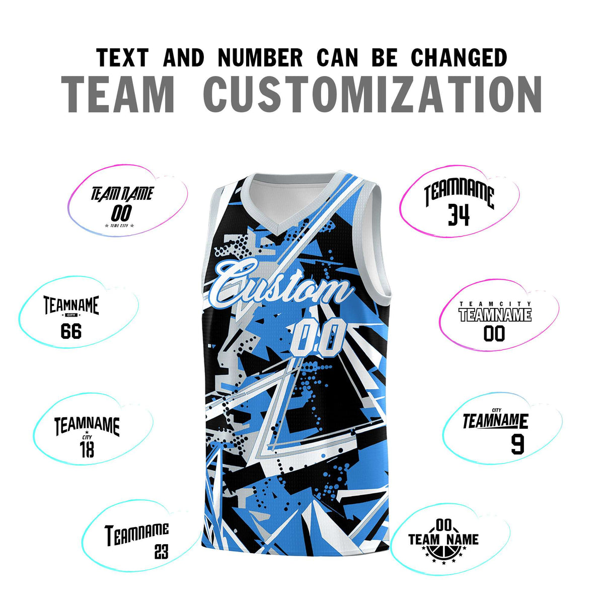 Custom Youth Basketball Jerseys Light Blue Silver Abstract Graffiti Personalized Team Name & Number