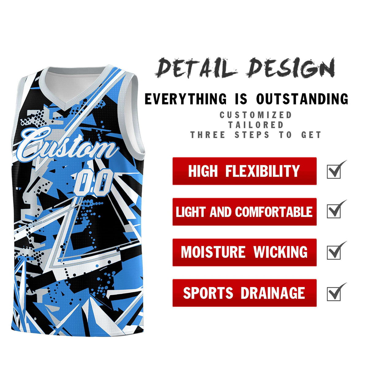 Custom Youth Basketball Jerseys Light Blue Silver Abstract Graffiti Personalized Team Name & Number