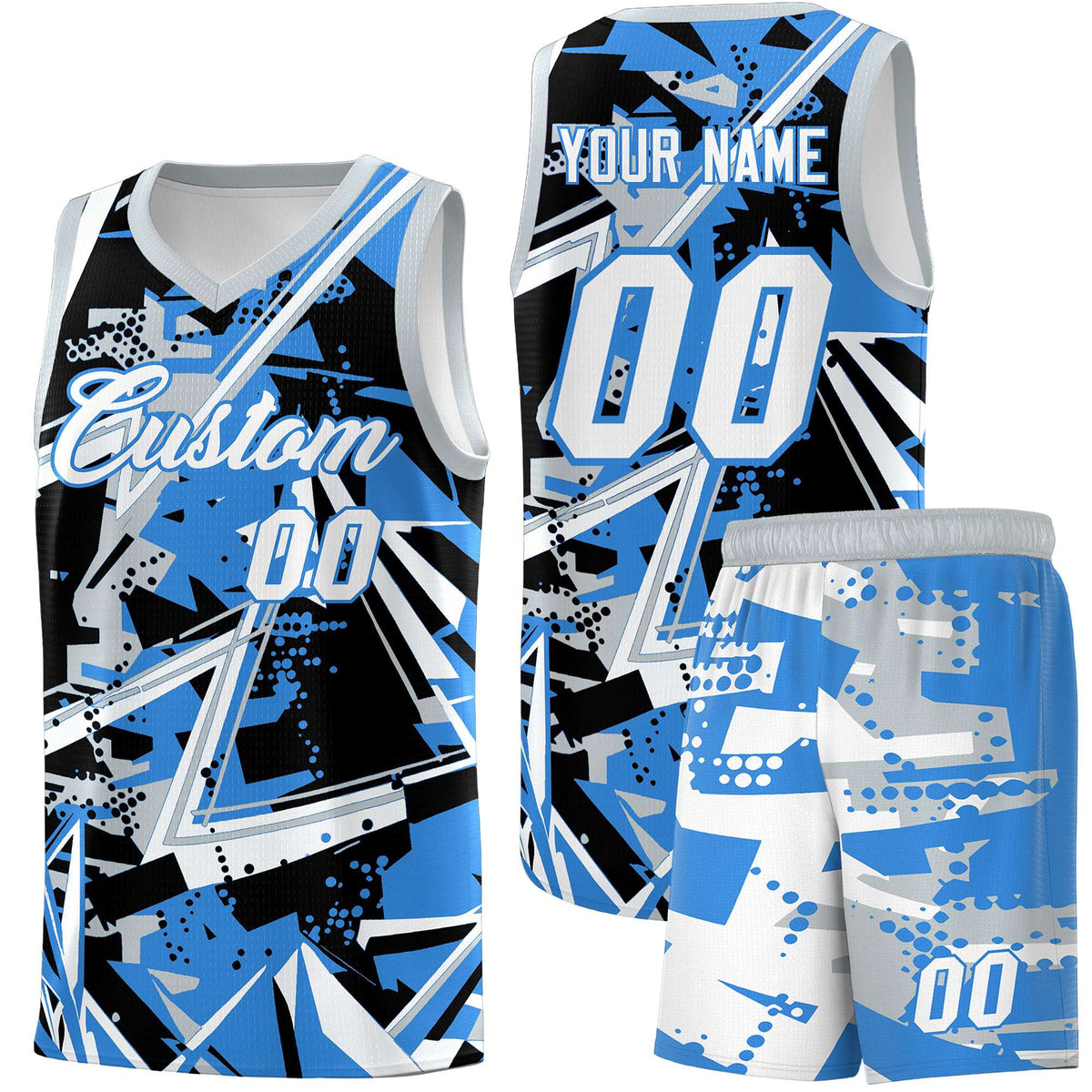 Custom Youth Basketball Jerseys Light Blue Silver Abstract Graffiti Personalized Team Name & Number