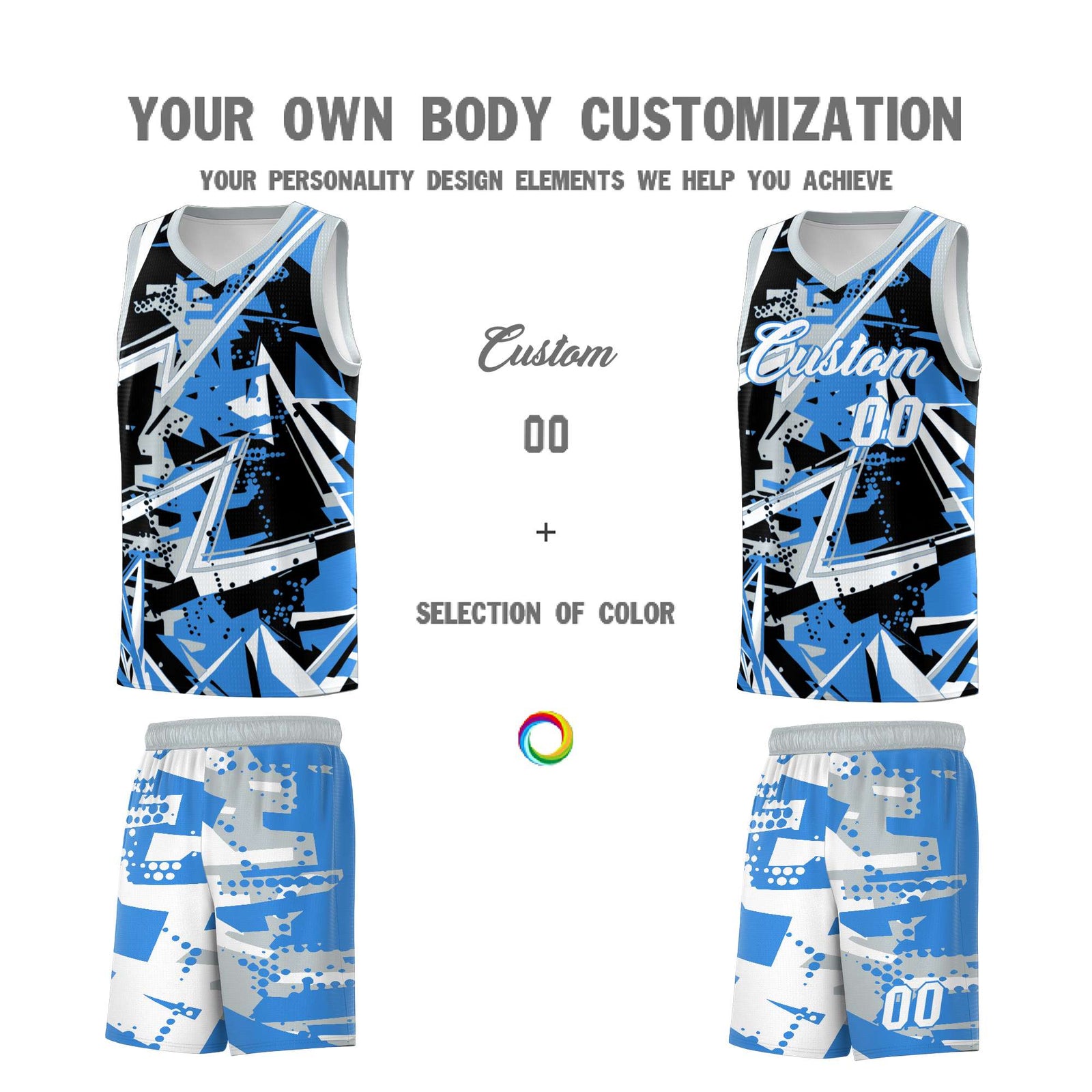 Custom Youth Basketball Jerseys Light Blue Silver Abstract Graffiti Personalized Team Name & Number