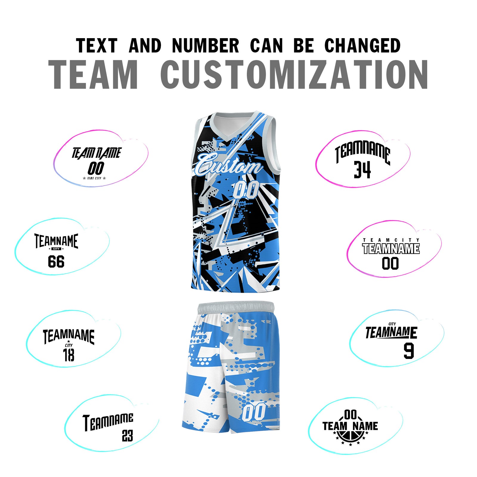 Custom Youth Basketball Jerseys Light Blue Silver Abstract Graffiti Personalized Team Name & Number