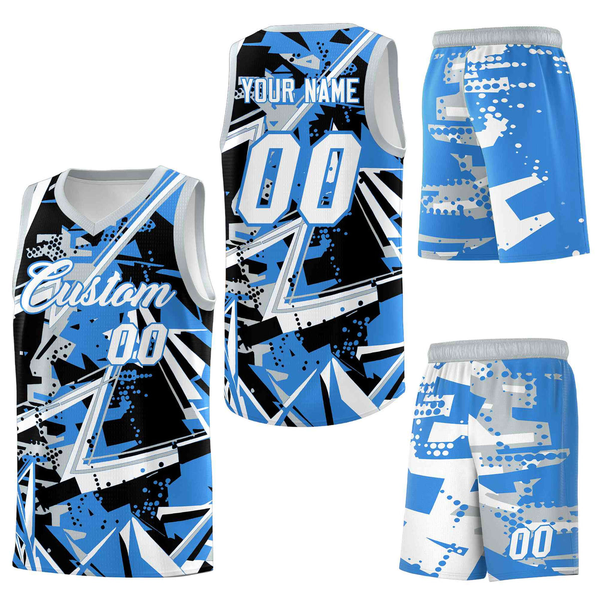 Custom Youth Basketball Jerseys Light Blue Silver Abstract Graffiti Personalized Team Name &amp; Number