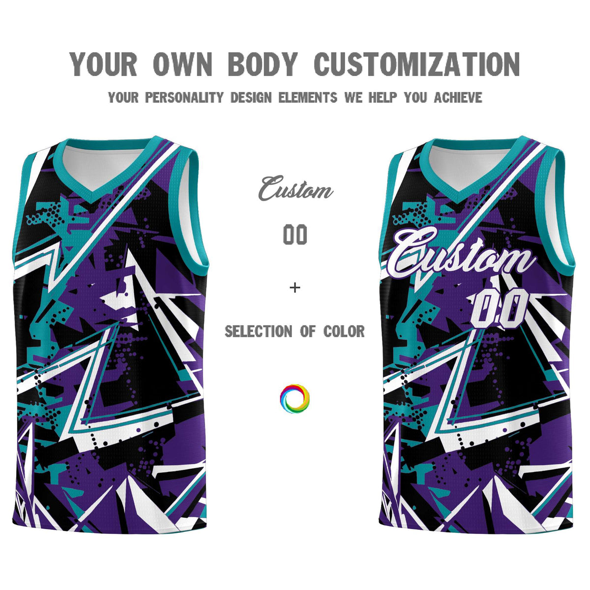 Custom Youth Basketball Jerseys Purple Teal Abstract Graffiti Urban Style Personalized Uniform