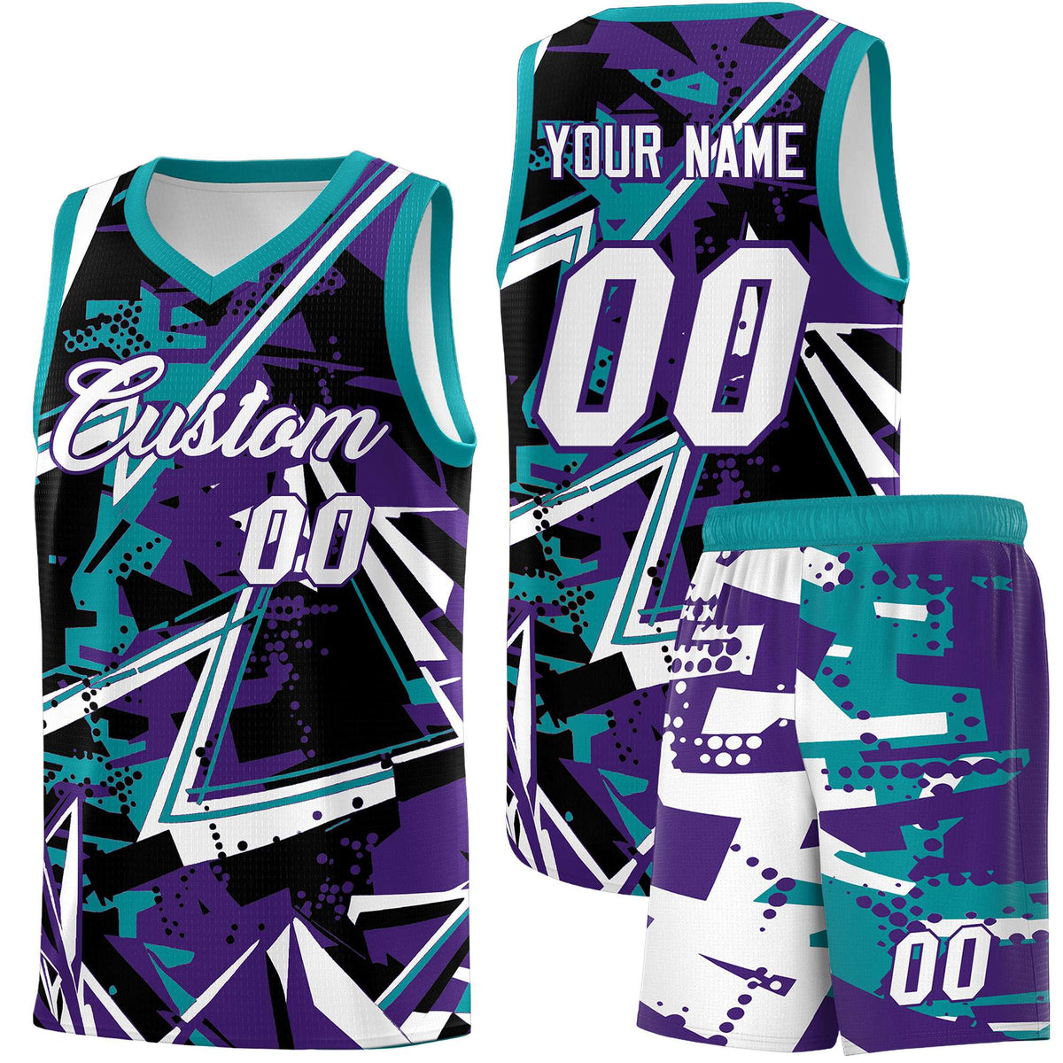 Custom Youth Basketball Jerseys Purple Teal Abstract Graffiti Urban Style Personalized Uniform