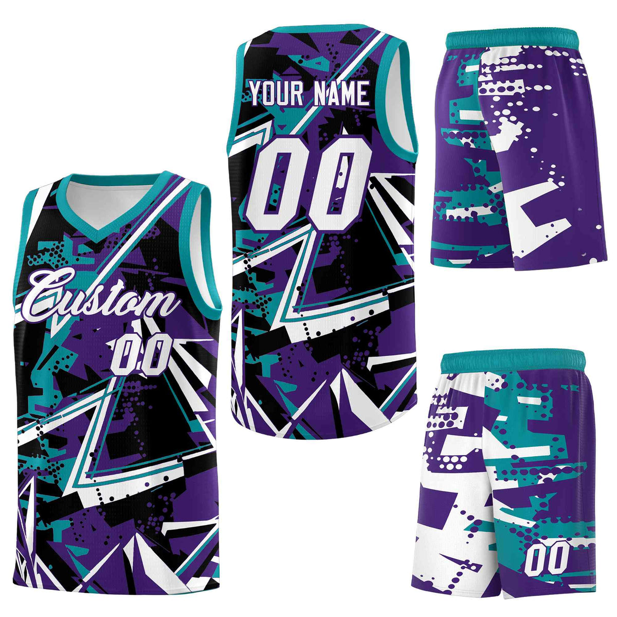 Custom Youth Basketball Jerseys Purple Teal Abstract Graffiti Urban Style Personalized Uniform