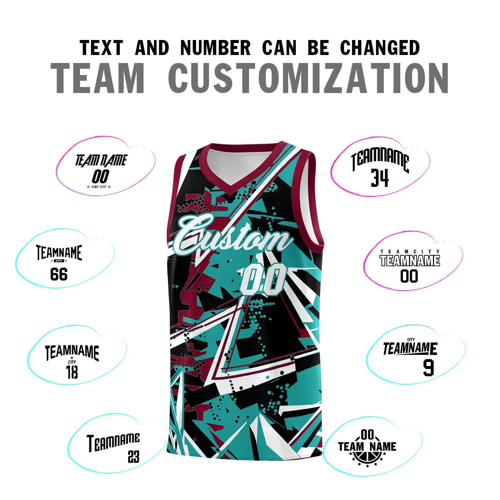 Custom Youth Basketball Jerseys Teal Crimson Abstract Graffiti Personalized Team Name & Number