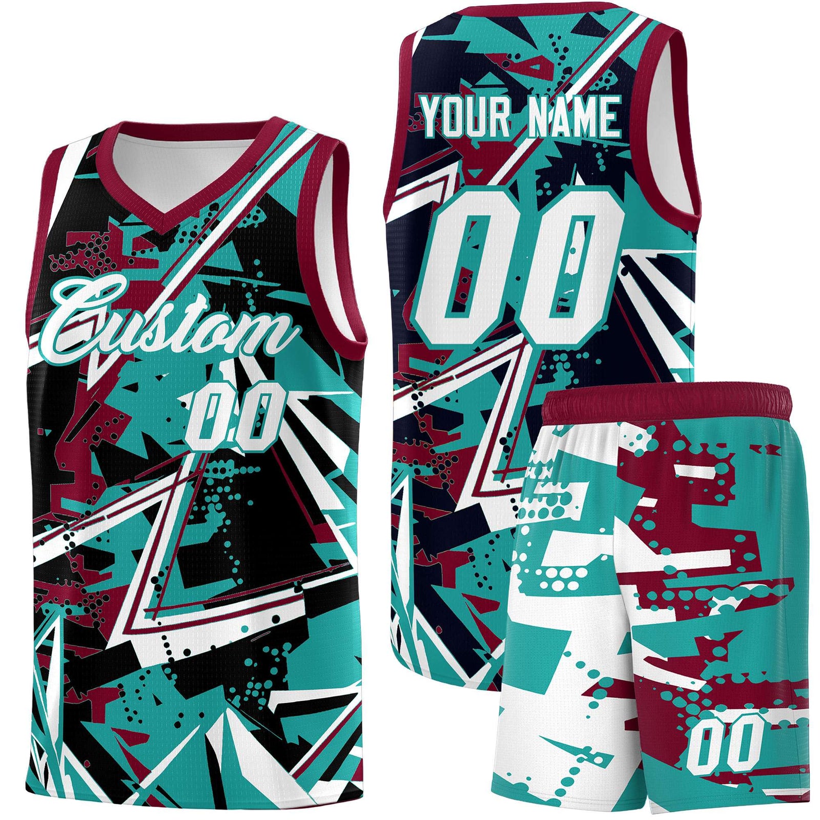 Custom Youth Basketball Jerseys Teal Crimson Abstract Graffiti Personalized Team Name & Number