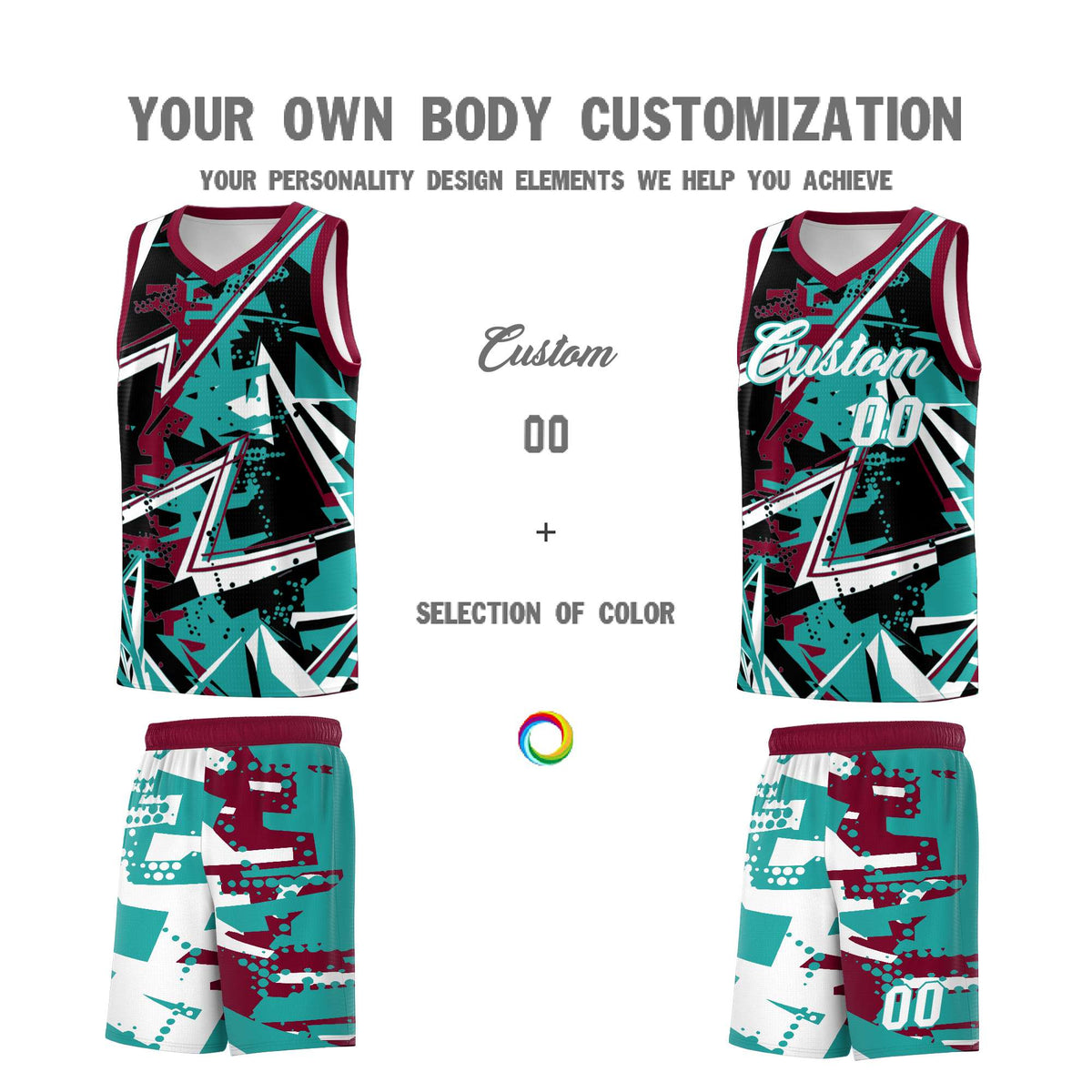 Custom Youth Basketball Jerseys Teal Crimson Abstract Graffiti Personalized Team Name & Number