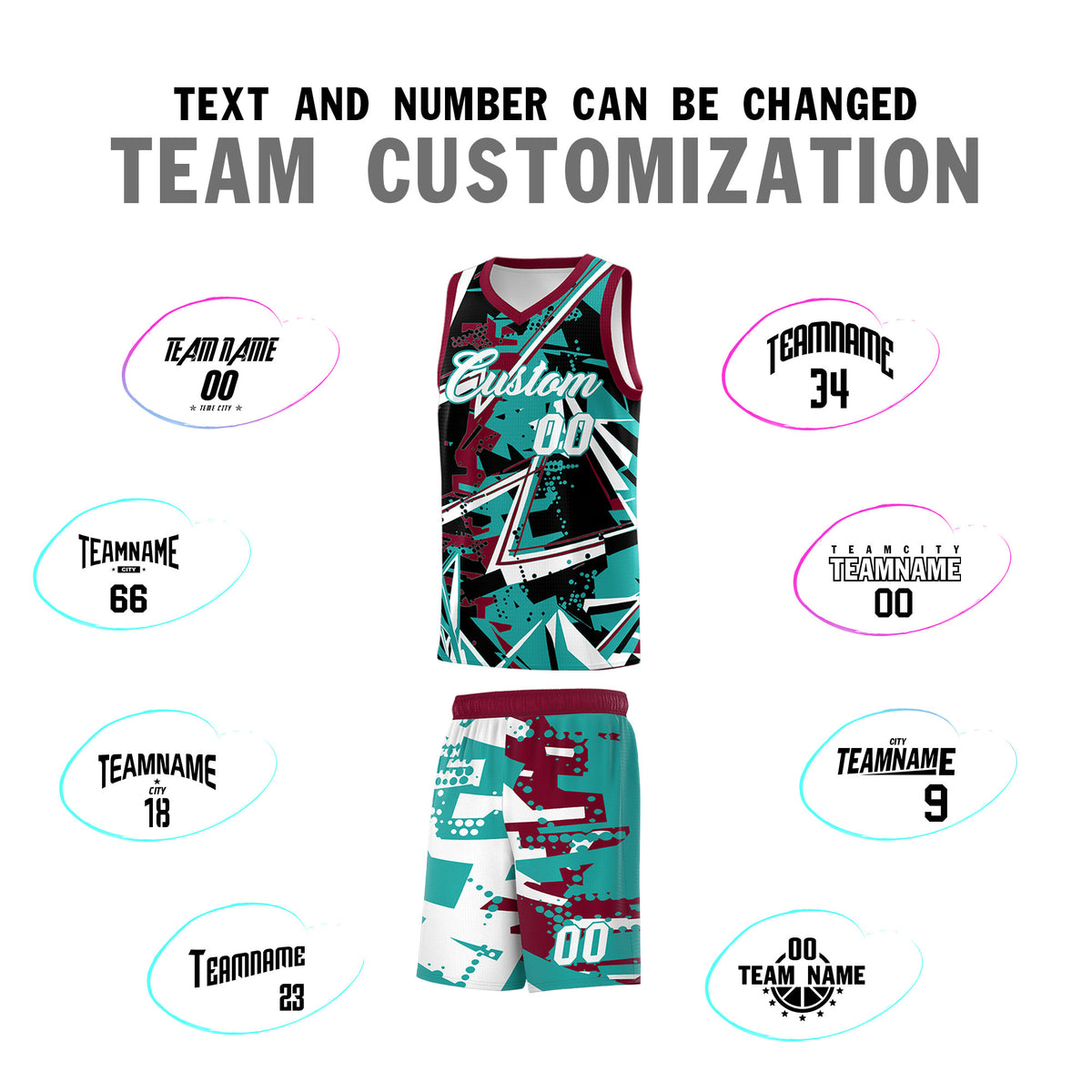 Custom Youth Basketball Jerseys Teal Crimson Abstract Graffiti Personalized Team Name & Number