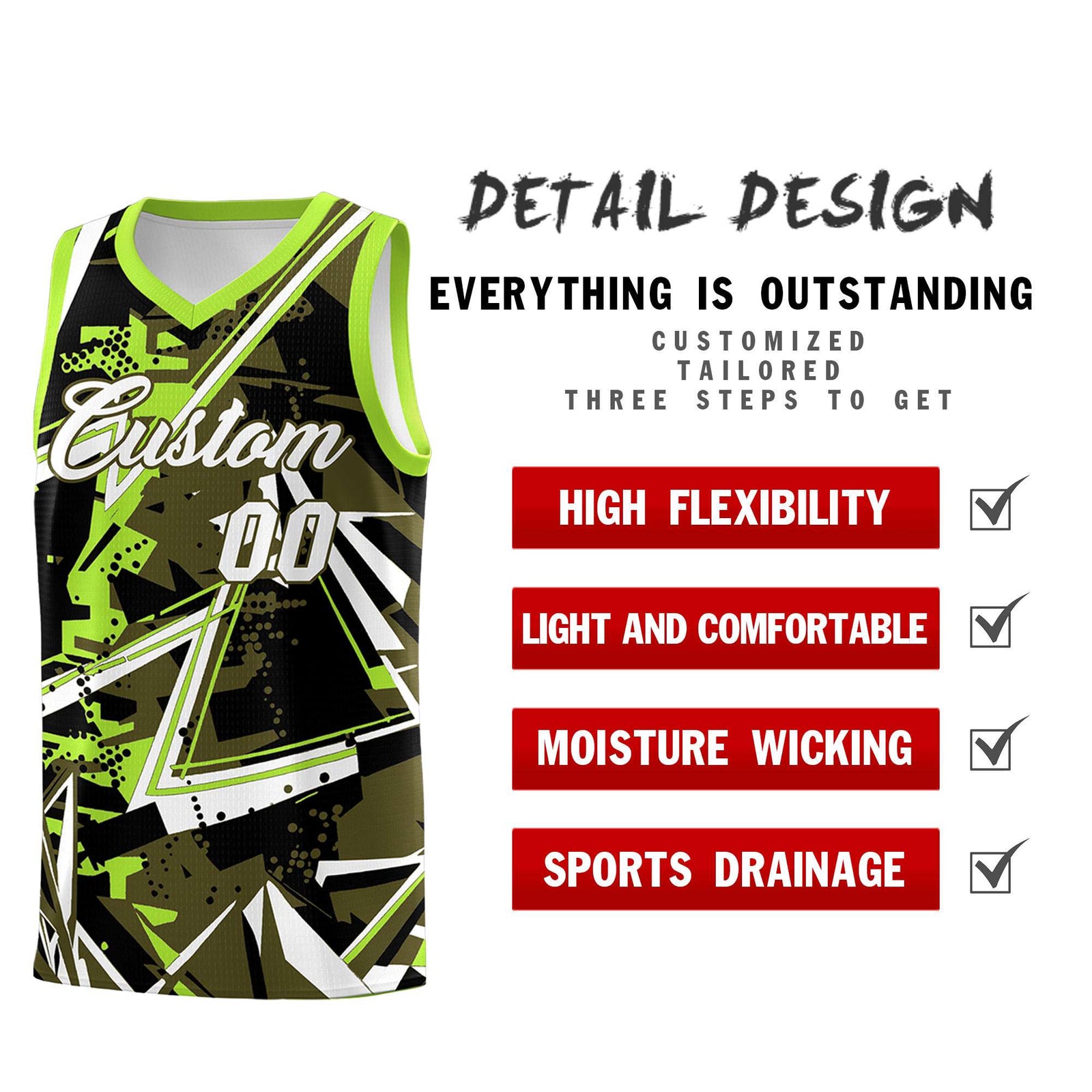 Custom Youth Basketball Jerseys Olive Neon Green Abstract Graffiti Personalized Street Style Uniform