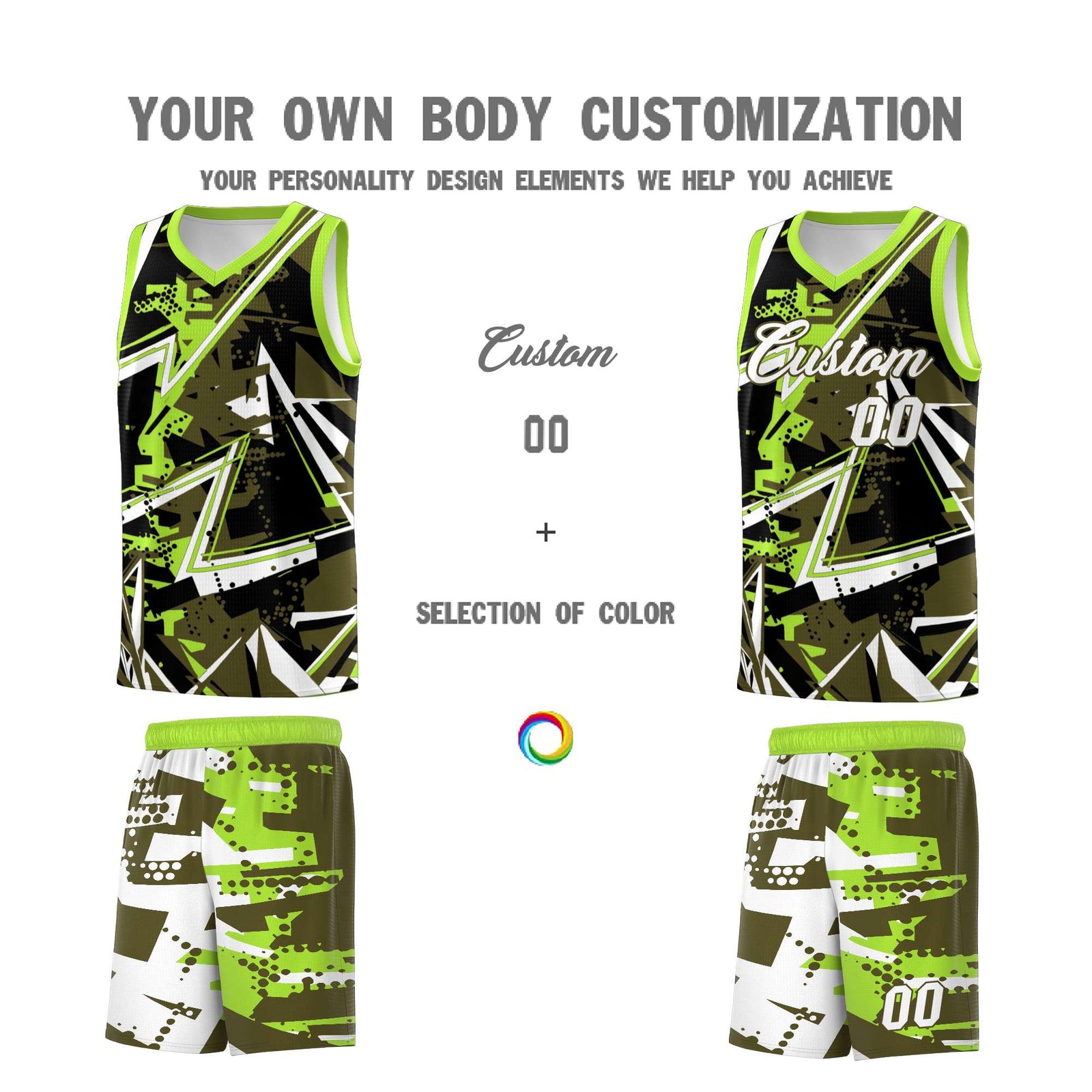 Custom Youth Basketball Jerseys Olive Neon Green Abstract Graffiti Personalized Street Style Uniform