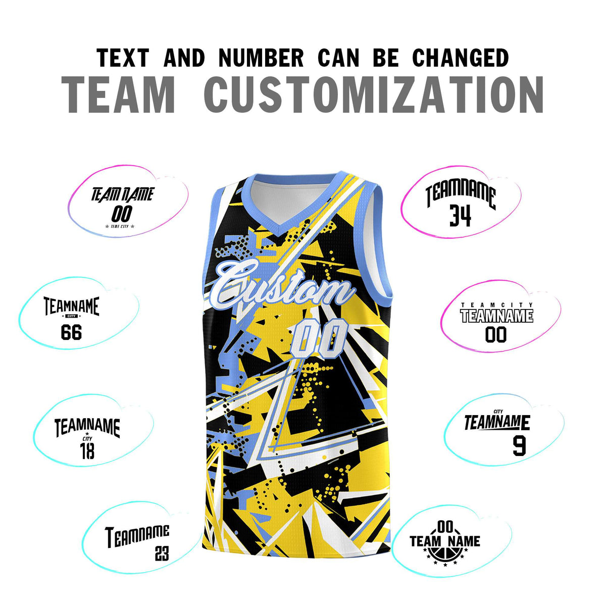 Custom Youth Basketball Jerseys Gold Light Blue Abstract Graffiti Urban Style Personalized Uniform