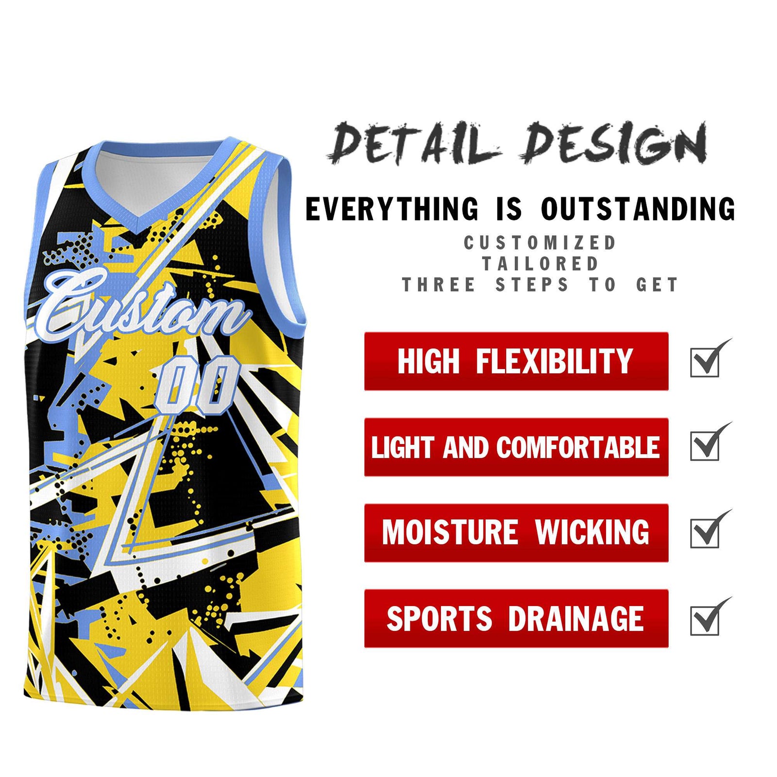 Custom Youth Basketball Jerseys Gold Light Blue Abstract Graffiti Urban Style Personalized Uniform