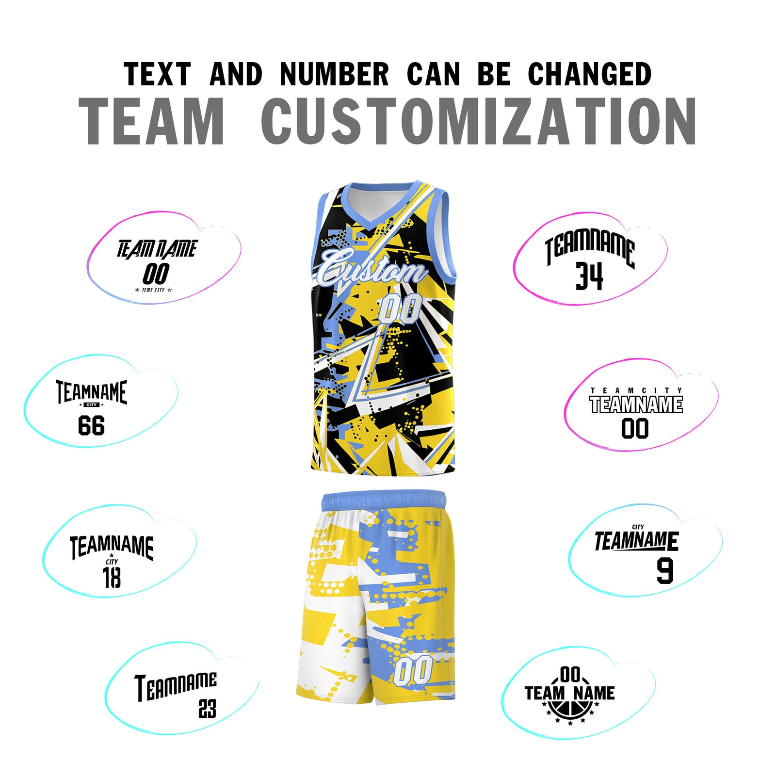 Custom Youth Basketball Jerseys Gold Light Blue Abstract Graffiti Urban Style Personalized Uniform