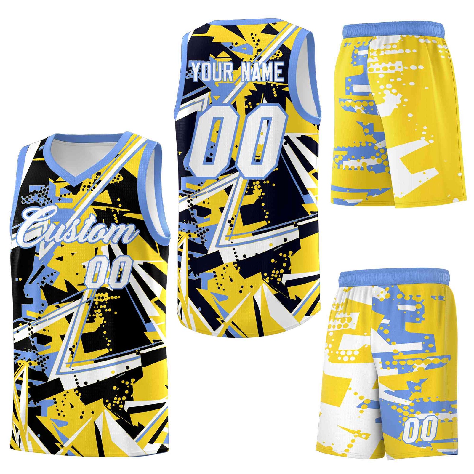 Custom Youth Basketball Jerseys Gold Light Blue Abstract Graffiti Urban Style Personalized Uniform
