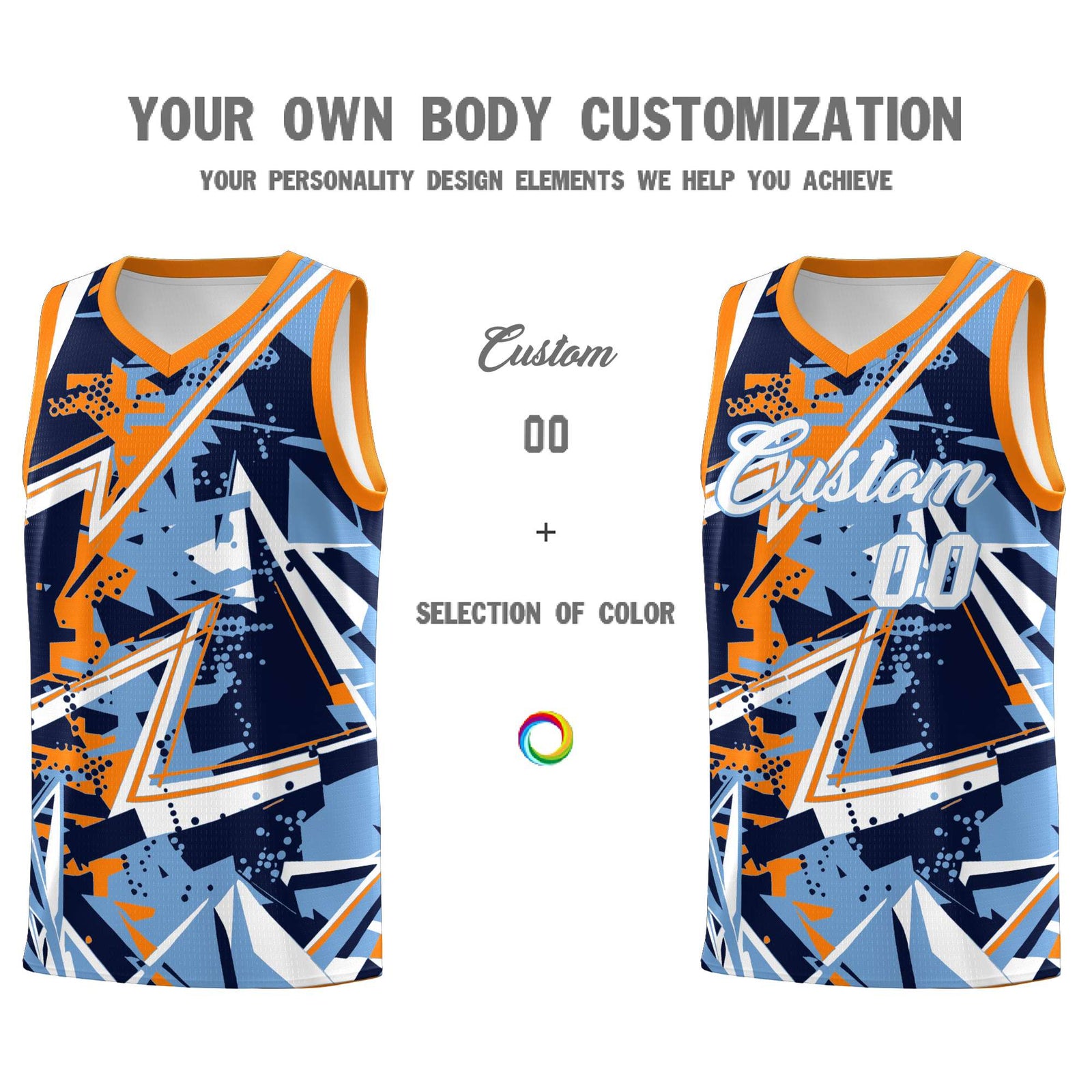 Custom Youth Basketball Jerseys Powder Blue Orange Abstract Graffiti Personalized Team Name & Number