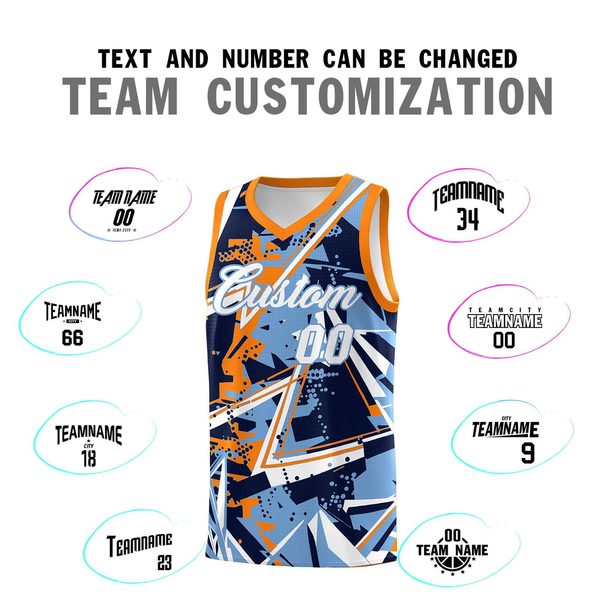 Custom Youth Basketball Jerseys Powder Blue Orange Abstract Graffiti Personalized Team Name & Number