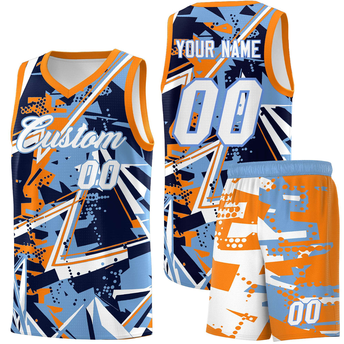 Custom Youth Basketball Jerseys Powder Blue Orange Abstract Graffiti Personalized Team Name & Number