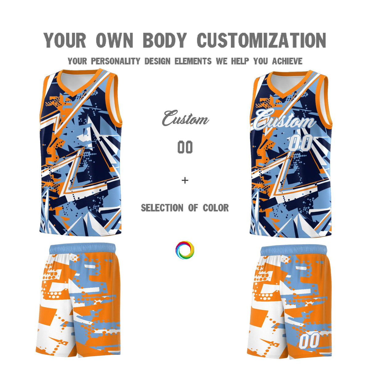 Custom Youth Basketball Jerseys Powder Blue Orange Abstract Graffiti Personalized Team Name & Number