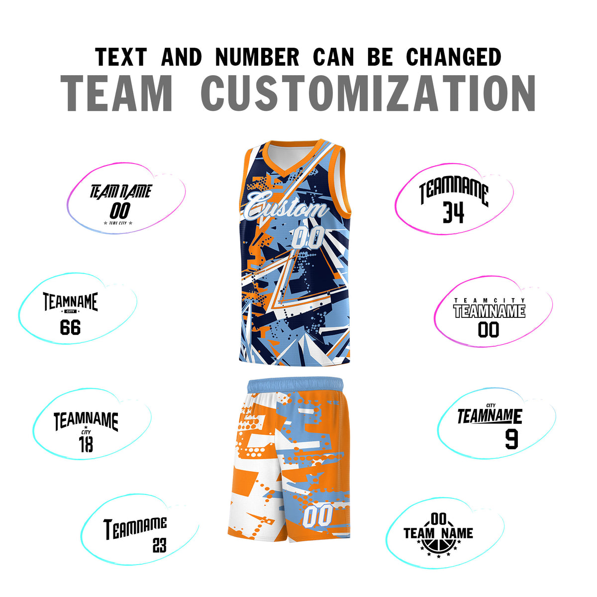 Custom Youth Basketball Jerseys Powder Blue Orange Abstract Graffiti Personalized Team Name & Number