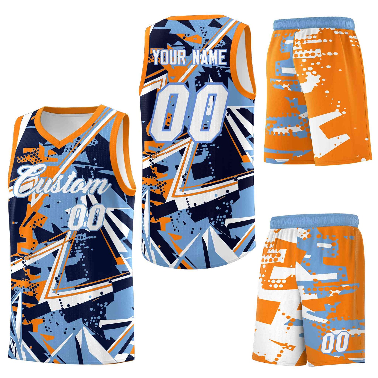 Custom Youth Basketball Jerseys Powder Blue Orange Abstract Graffiti Personalized Team Name & Number