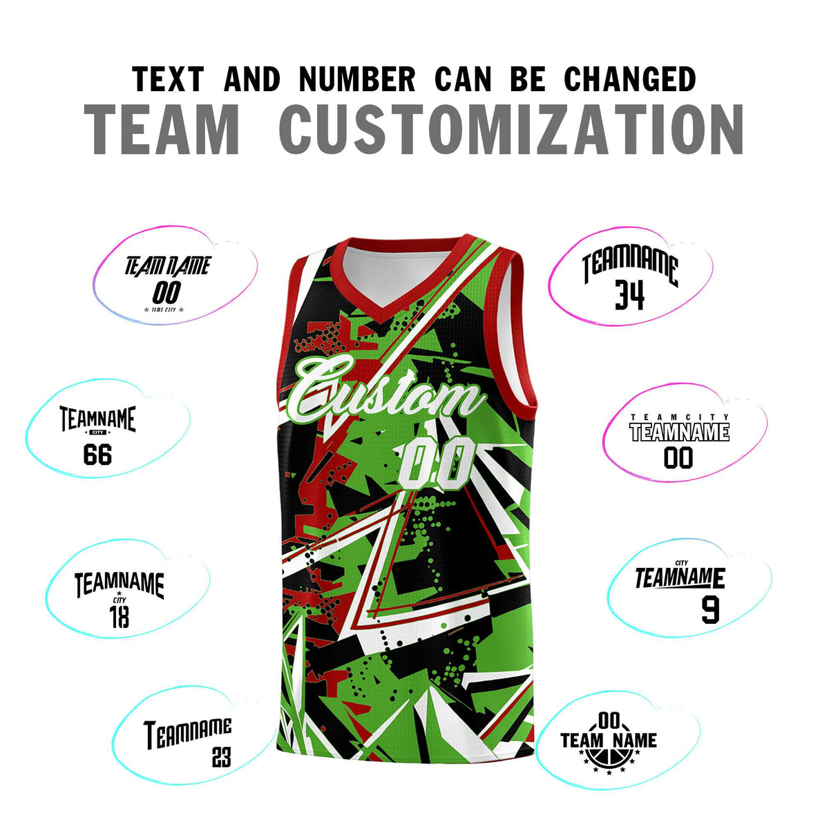Custom Youth Basketball Jerseys Light Green Red Abstract Graffiti Urban Style Personalized Uniform