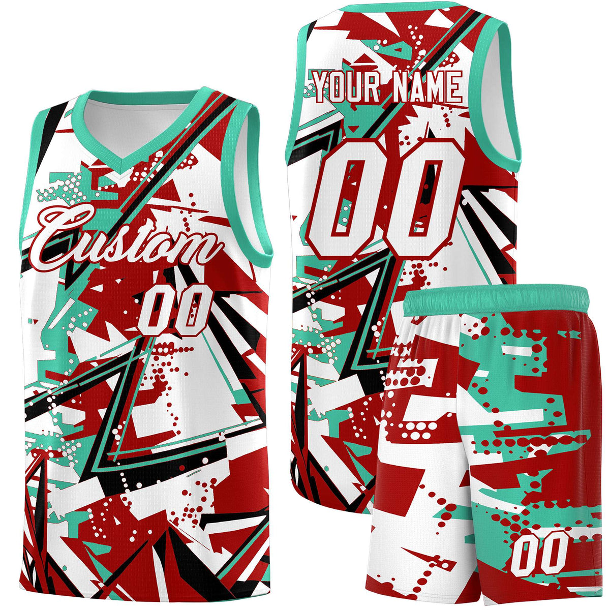 Custom Youth Basketball Jerseys Red Bright Green Abstract Graffiti Personalized Team Name & Number