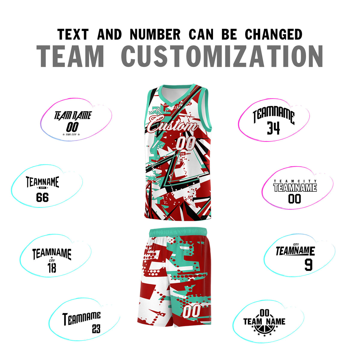 Custom Youth Basketball Jerseys Red Bright Green Abstract Graffiti Personalized Team Name & Number