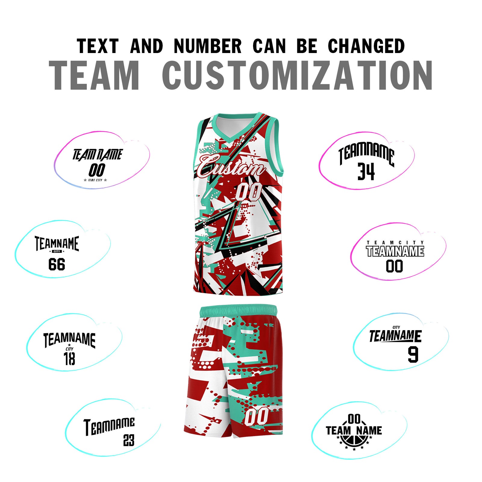 Custom Youth Basketball Jerseys Red Bright Green Abstract Graffiti Personalized Team Name & Number