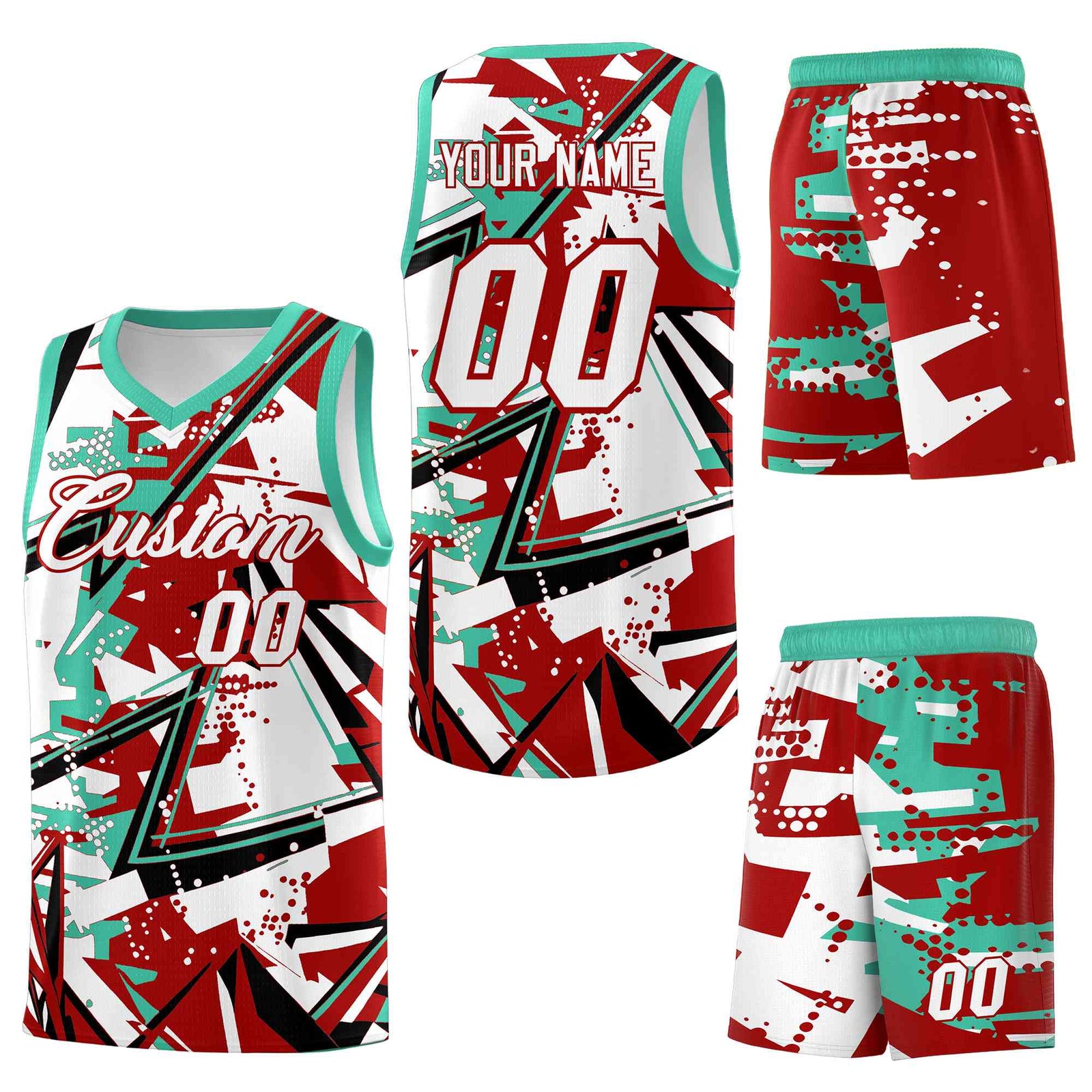 Custom Youth Basketball Jerseys Red Bright Green Abstract Graffiti Personalized Team Name & Number