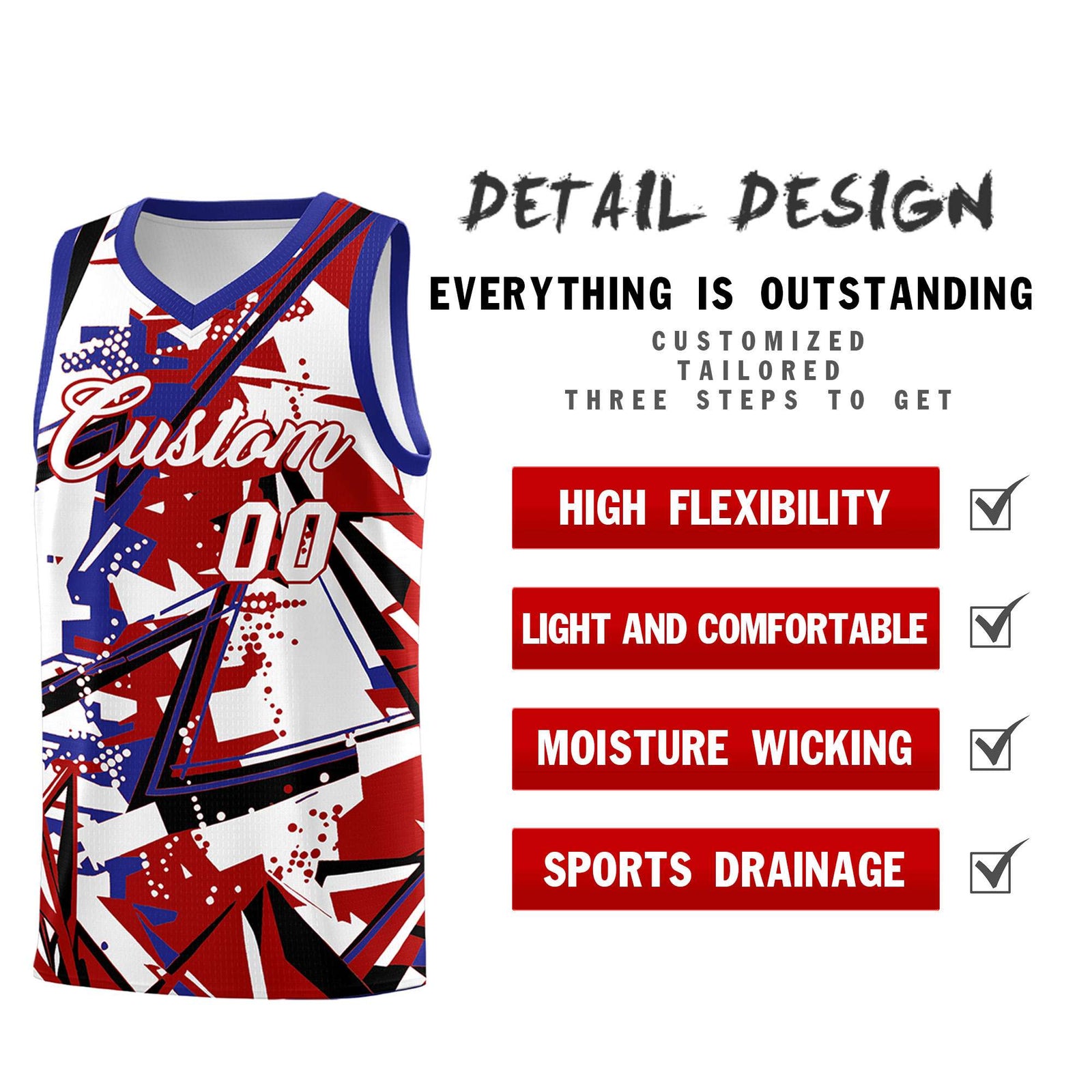 Custom Youth Basketball Jerseys Red Royal Abstract Graffiti Personalized Street Style Uniform
