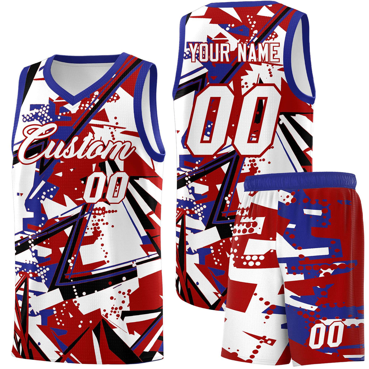 Custom Youth Basketball Jerseys Red Royal Abstract Graffiti Personalized Street Style Uniform