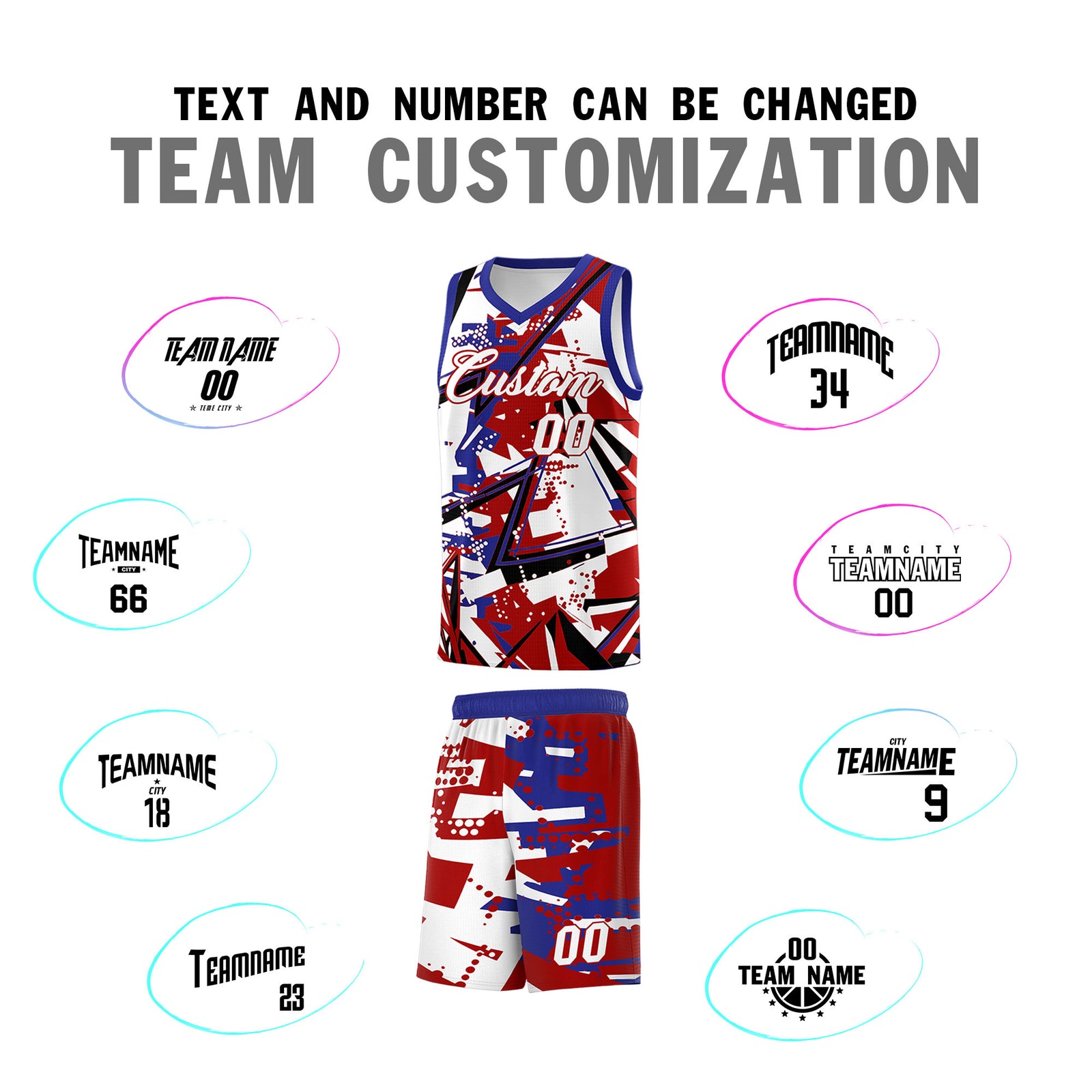 Custom Youth Basketball Jerseys Red Royal Abstract Graffiti Personalized Street Style Uniform